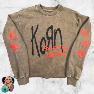 Korn Follow The Leader 25th Anniversary Womens S Vintage Washed Cropped Crewneck